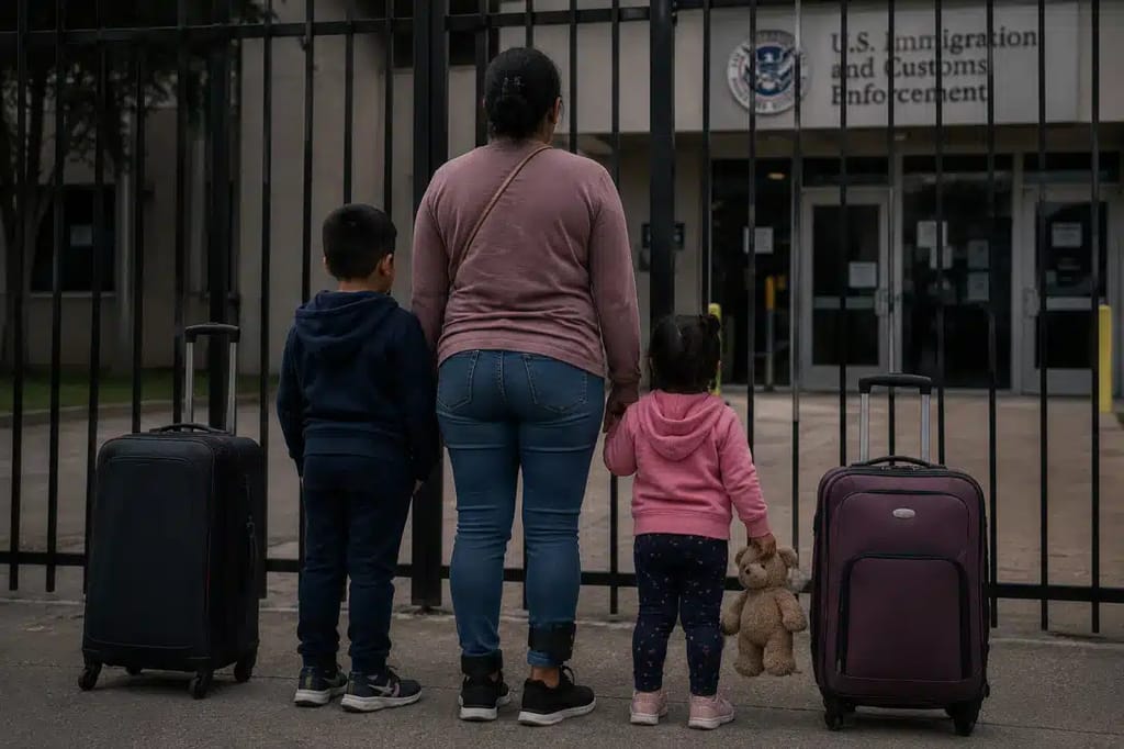 Family standing behind fence in front of immigration office